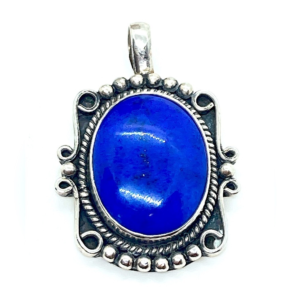 Vtg 925 Sterling Silver & Lapis Lazuli Scroll Design Pendant | 1.5” L | 11.4g